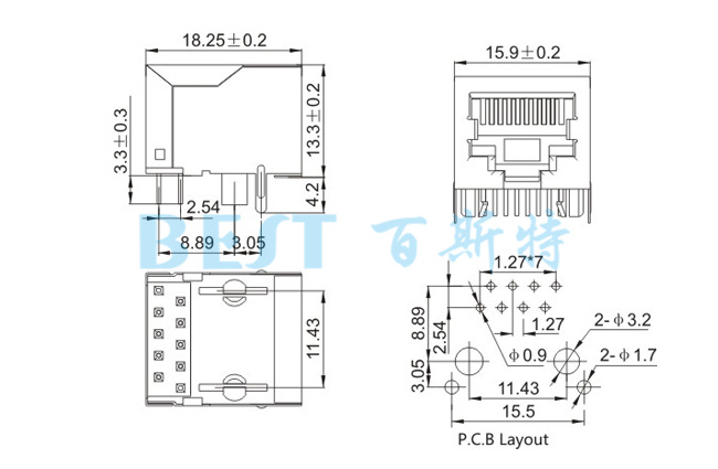 rj45插座56S LED 8P8C规格图纸