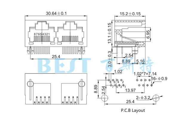 rj45插座5631 8P8C 1x2规格图纸