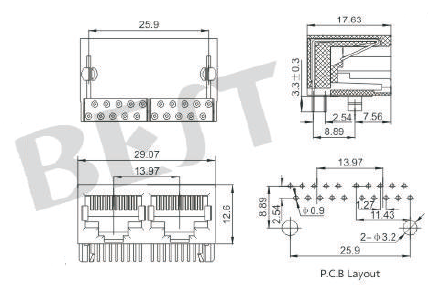 rj45插座5621 10P8C 1X2规格图纸