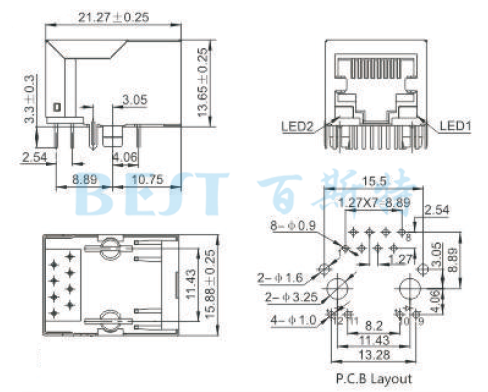 rj45插座5921S LED 8P8C规格图纸