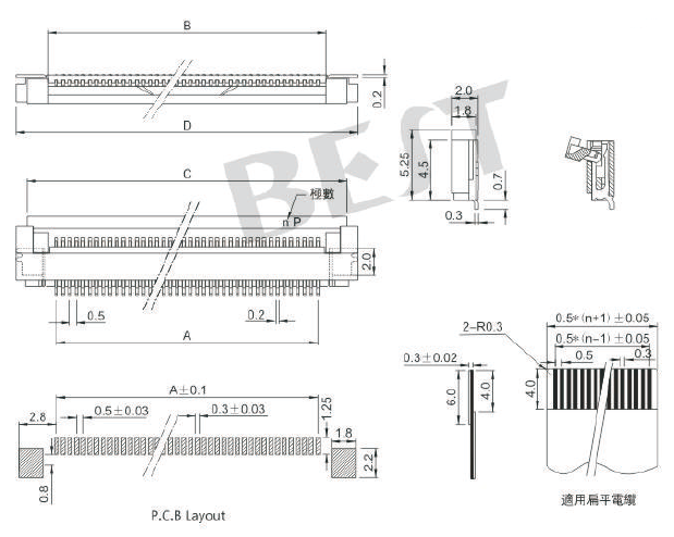  FPC连接器0.5K-DX-NPWB-T-R参考图纸